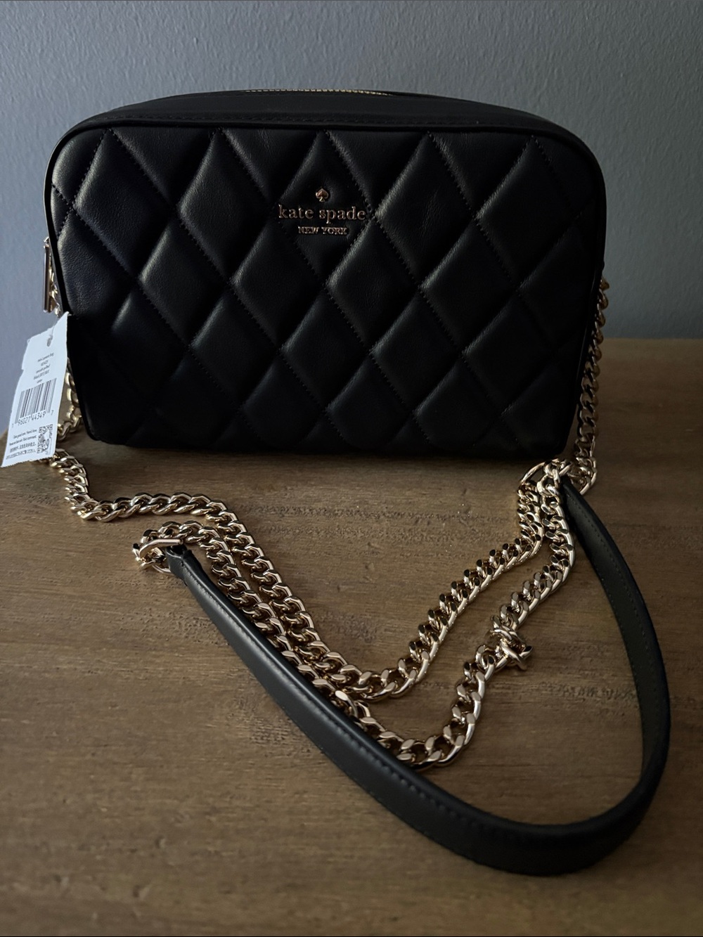 kate spade Black smooth Quilted Leather Camera Crossbody Carey with Gold Chain